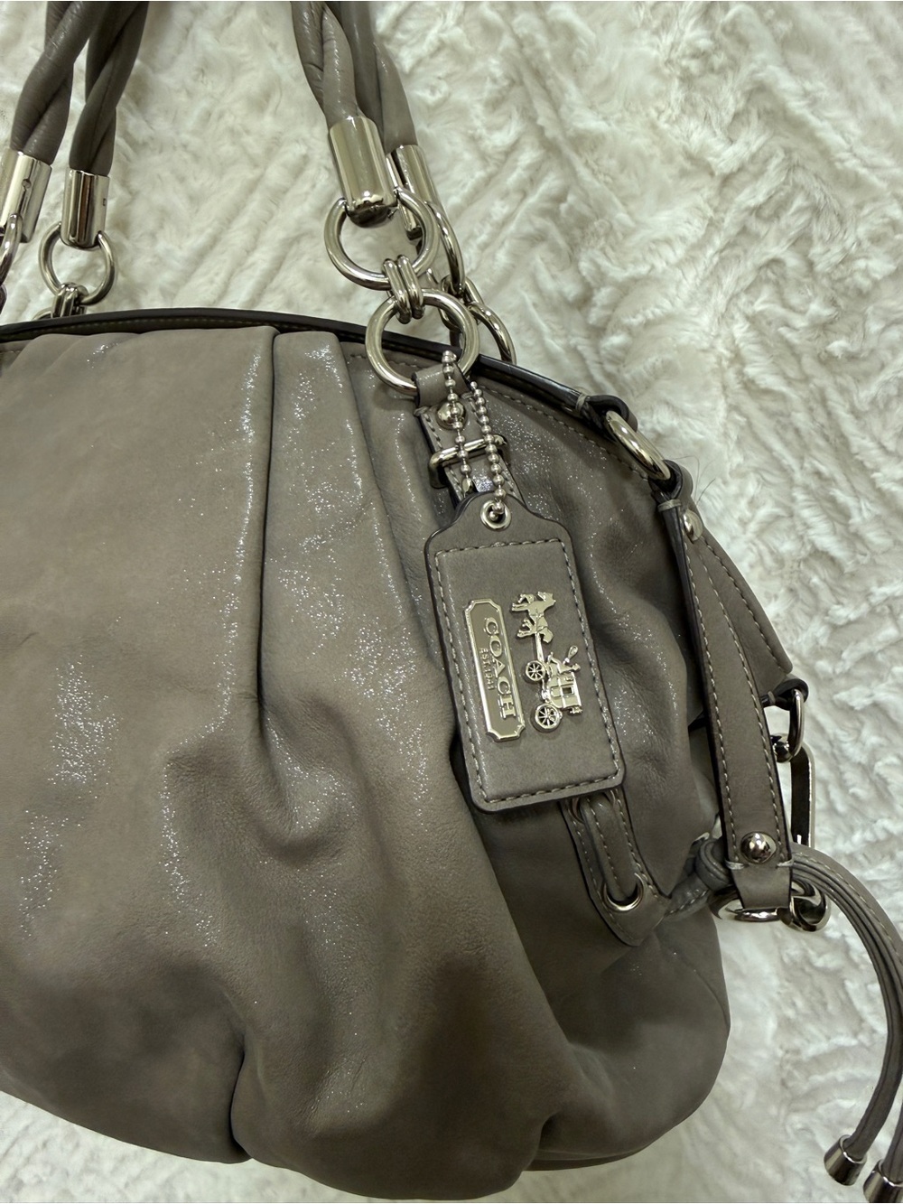Y2K Coach Sparkly Gray Leather Shoulder Bag with Braided Handles - Picture 2 of 8